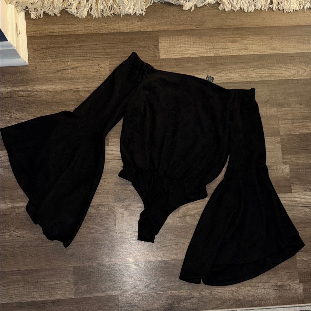 Olivaceous Black Off-Shoulder Bodysuit with Bell Sleeves